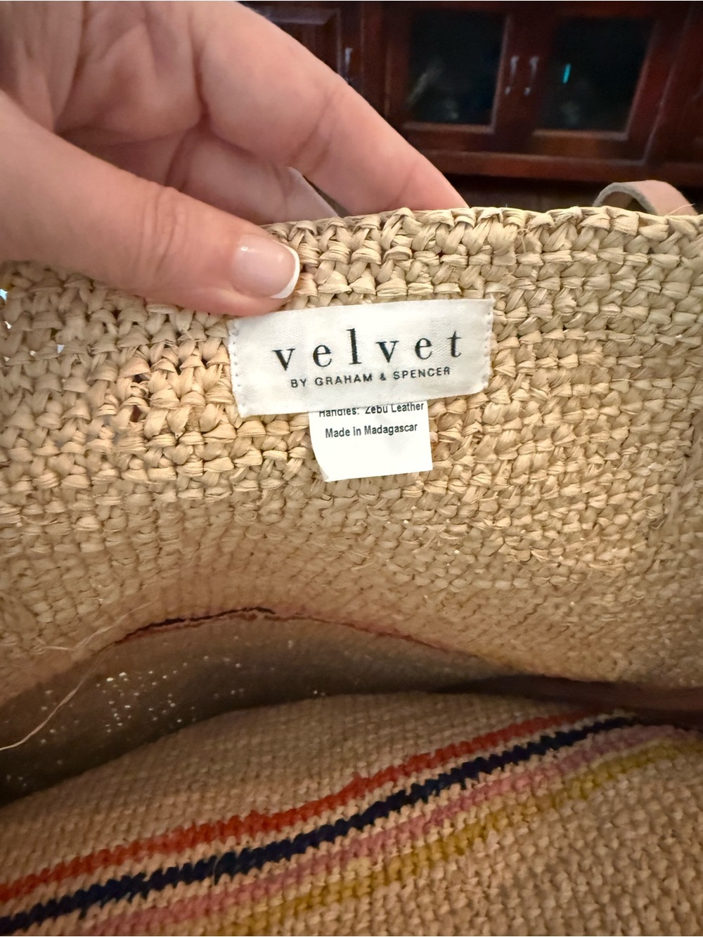 Velvet by Graham and Spencer Woven Straw Tote Bag with Multicolor Stripe Ez Fix - Picture 6 of 11